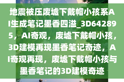 地震被压废墟下戴帽小孩系AI生成笔记墨香四溢_3D642895，AI奇观，废墟下戴帽小孩，3D建模再现墨香笔记奇迹，AI奇观再现，废墟下戴帽小孩与墨香笔记的3D建模奇迹